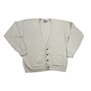 Cape Isle Knitters Cardigan Sweater Cream Cotton Mens‎ L Fishermen Knit Coastal